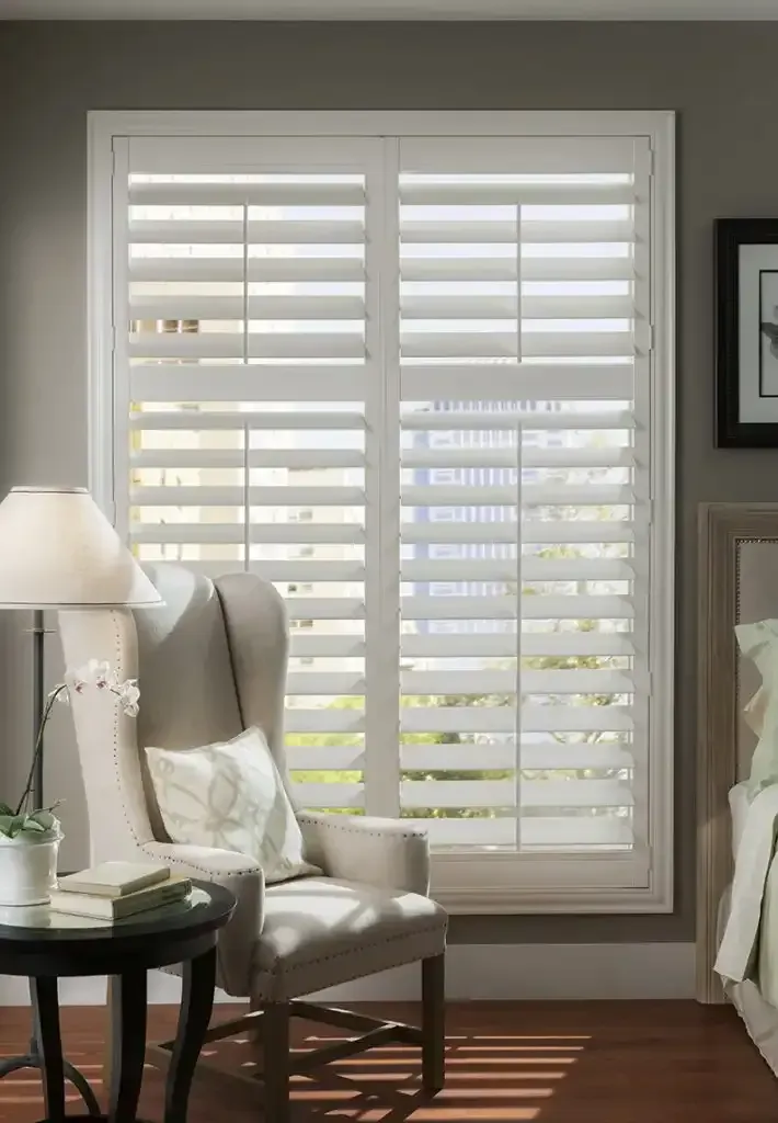 White plantation shutters on a window in a bedroom, light streaming in. A chair and table sit nearby.