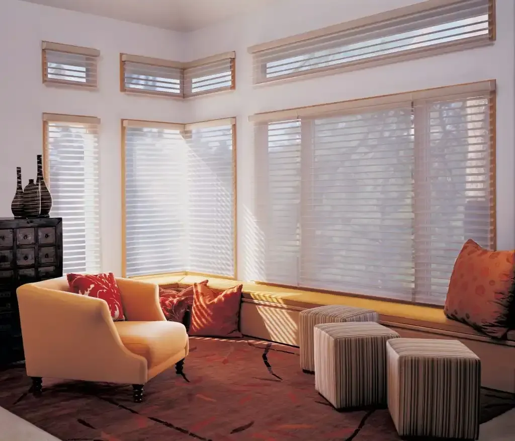 Living room with beige shades, orange chair and pillows, and a red rug.